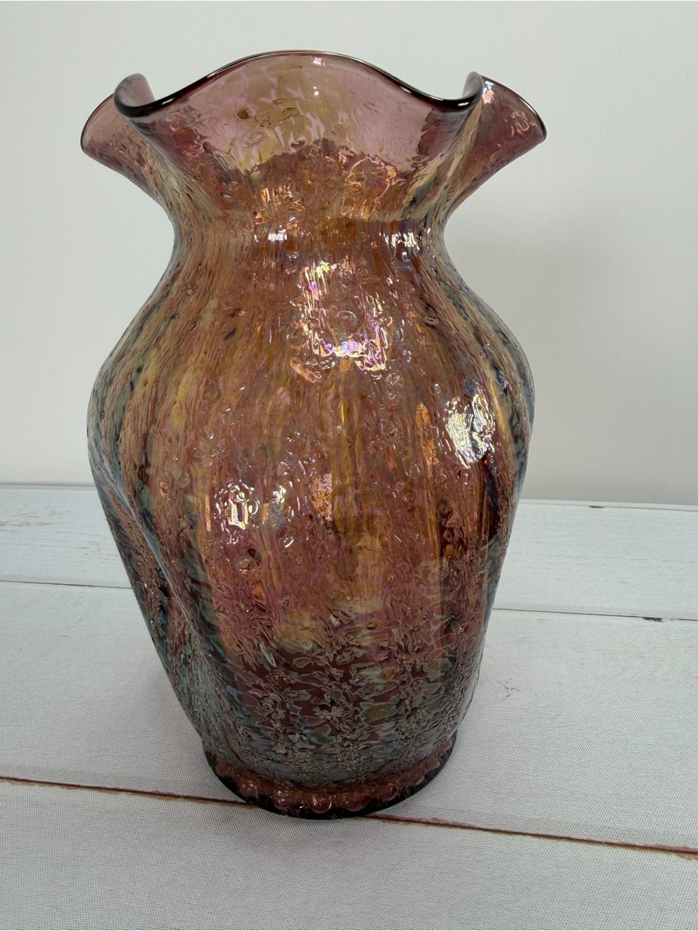 Antique 1905 Dugan Venetian Amethyst Frit Iridescent Art Glass Ruffled Vase