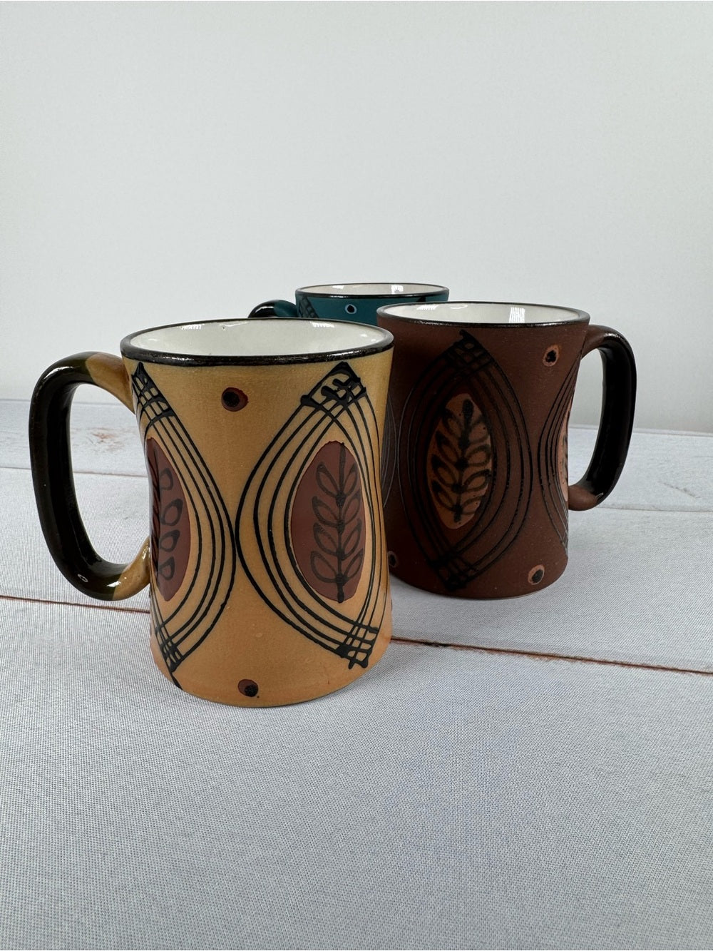 Vintage 70s MCM Boho Blue Tan Brown Stoneware Coffee Mugs Set of 3