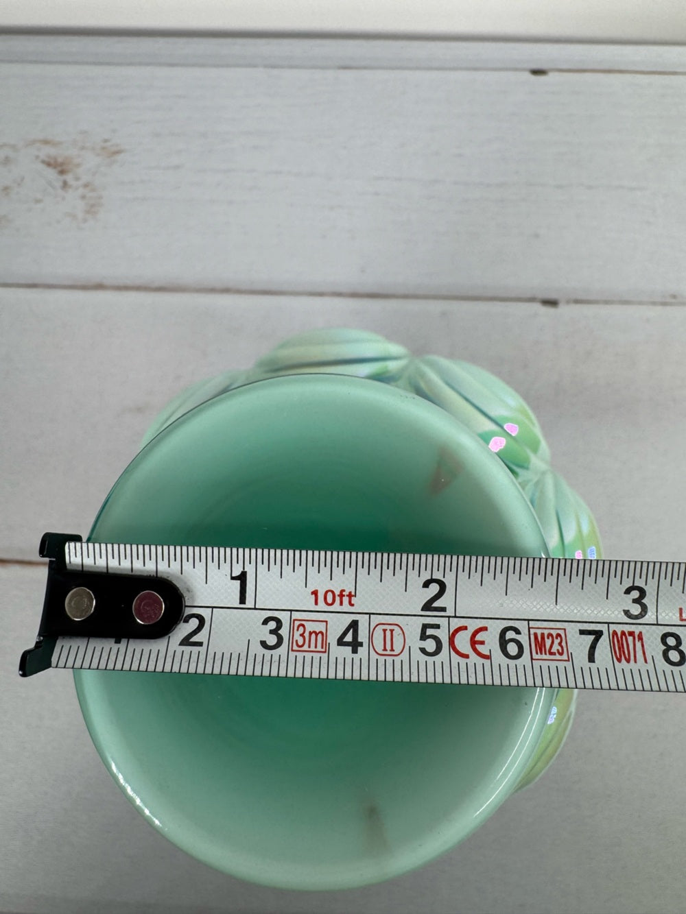 Vintage Fenton Green Opalescent Drapery Pattern Ewer Pitcher Handmade USA