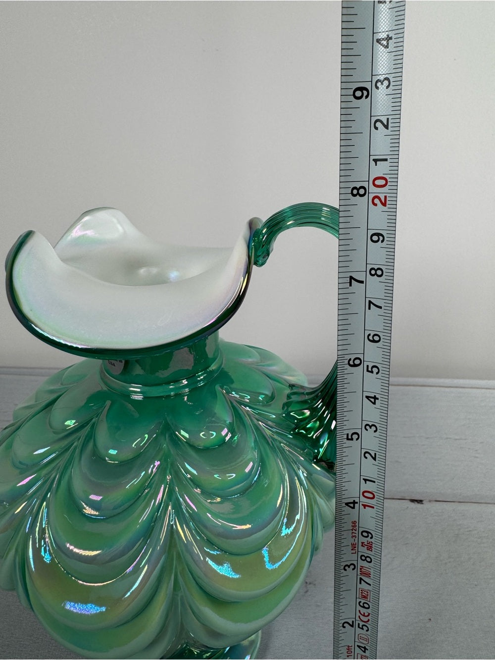Vintage Fenton Green Opalescent Drapery Pattern Ewer Pitcher Handmade USA