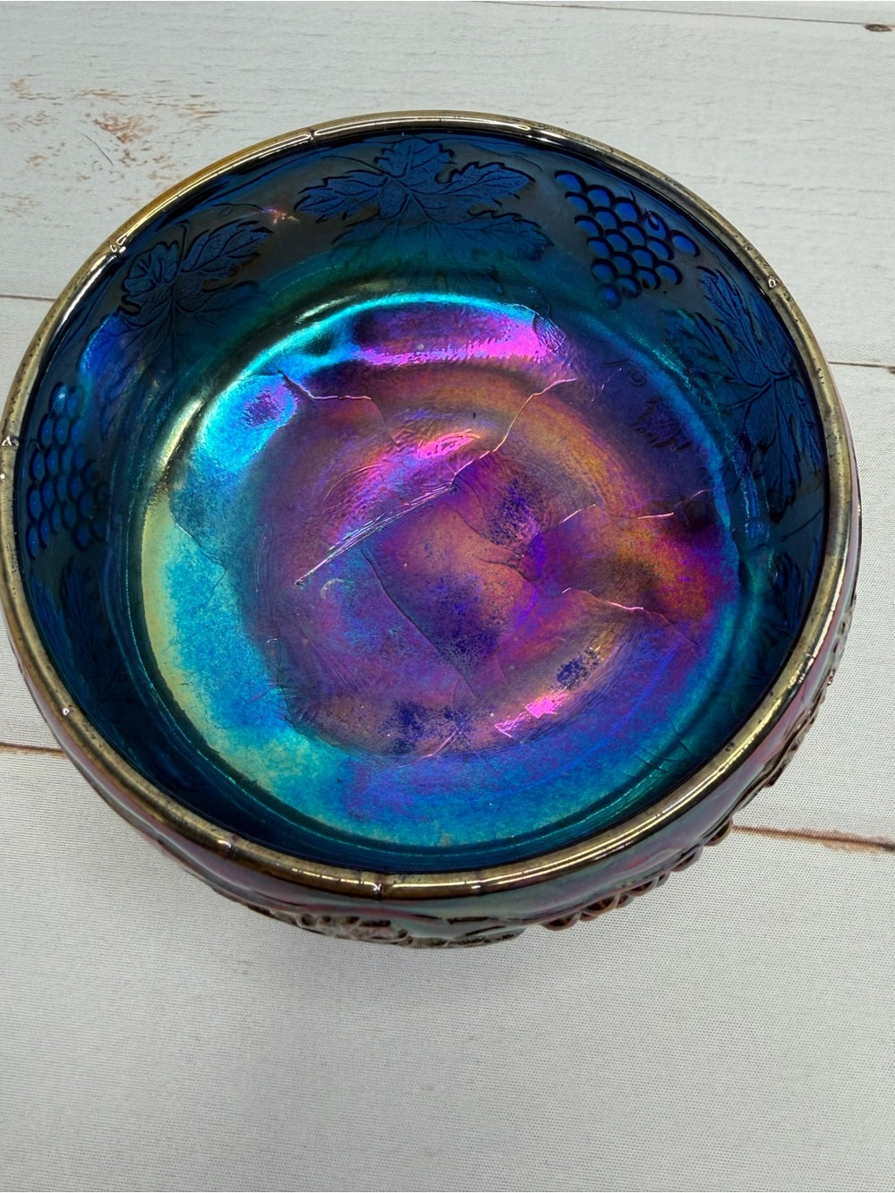 Vintage Fenton Iridescent Cobalt Blue Grape & Leaf Tri-Footed Ferner Dish