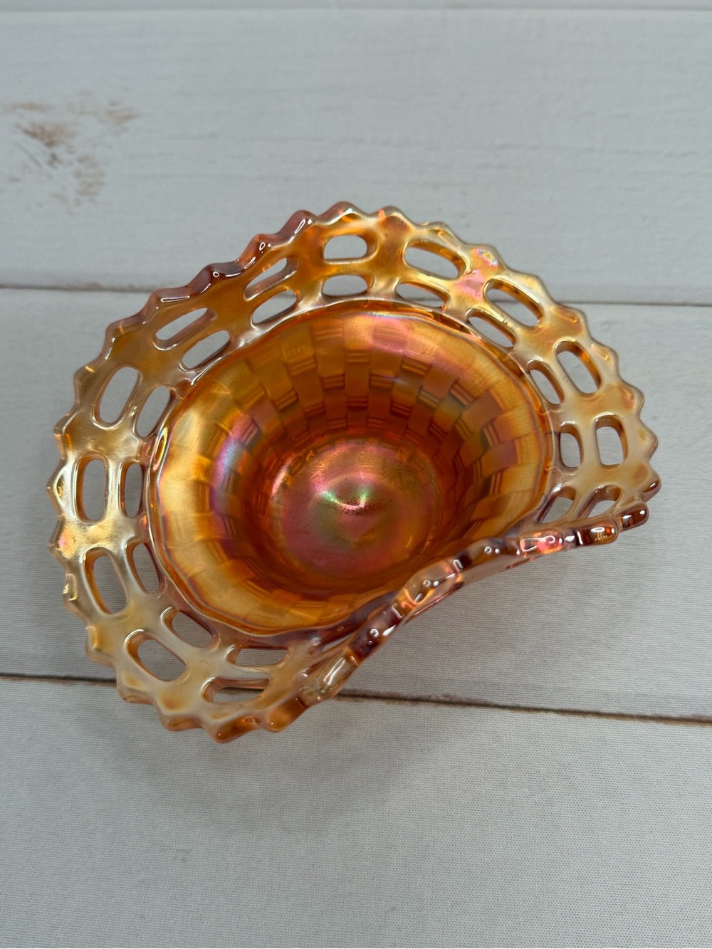 Vintage Fenton Marigold Carnival Glass Open Edge Basketweave Basket