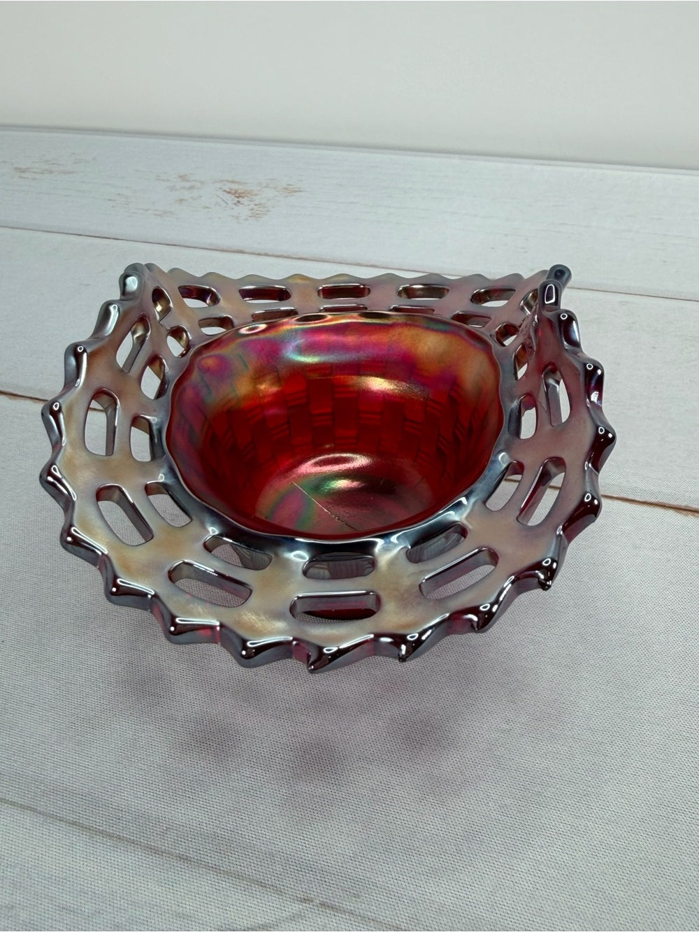 Fenton Ruby Red Iridescent Carnival Glass Openwork Lace Basketweave Ruffled Bowl