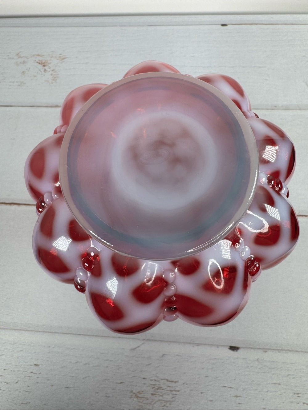 Vintage Fenton Cranberry Opalescent Coin Dot 8" Melon Vase Gift Shop Tag