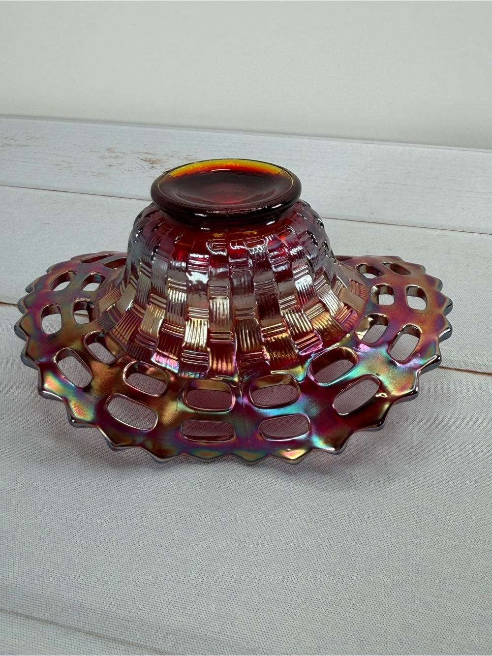 Fenton Ruby Red Iridescent Carnival Glass Openwork Lace Basketweave Ruffled Bowl