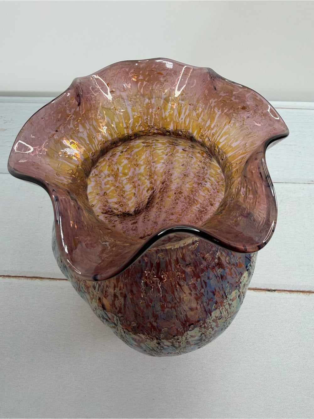 Antique 1905 Dugan Venetian Amethyst Frit Iridescent Art Glass Ruffled Vase