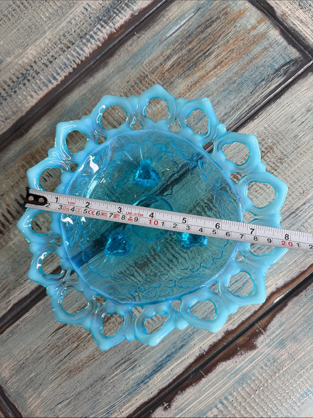 Vintage Northwood Blue Opalescent Glass Shell & Wild Rose Footed Lace Bowl