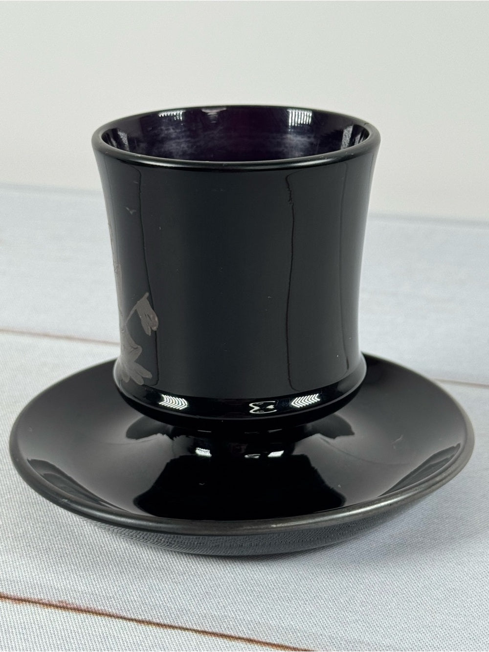 Vintage Black Amethyst Glass Pedestal Cup, Silver Overlay Sailboat