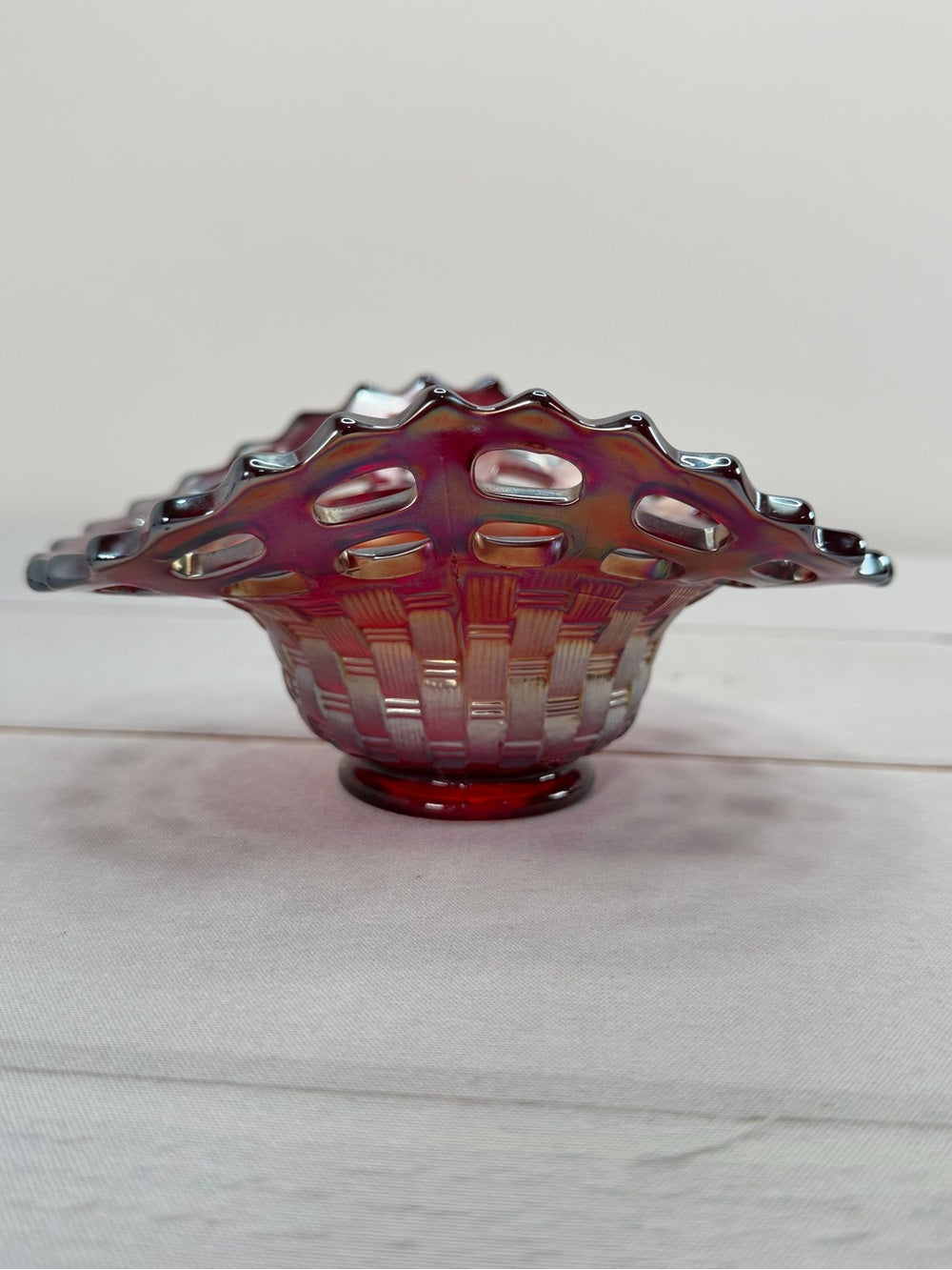 Fenton Ruby Red Iridescent Carnival Glass Openwork Lace Basketweave Ruffled Bowl