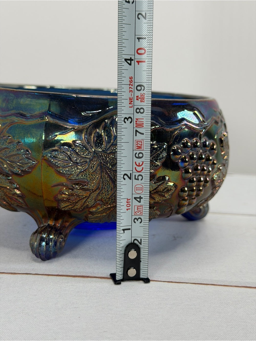 Vintage Fenton Iridescent Cobalt Blue Grape & Leaf Tri-Footed Ferner Dish