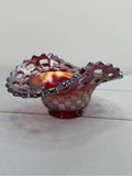 Fenton Ruby Red Iridescent Carnival Glass Openwork Lace Basketweave Ruffled Bowl