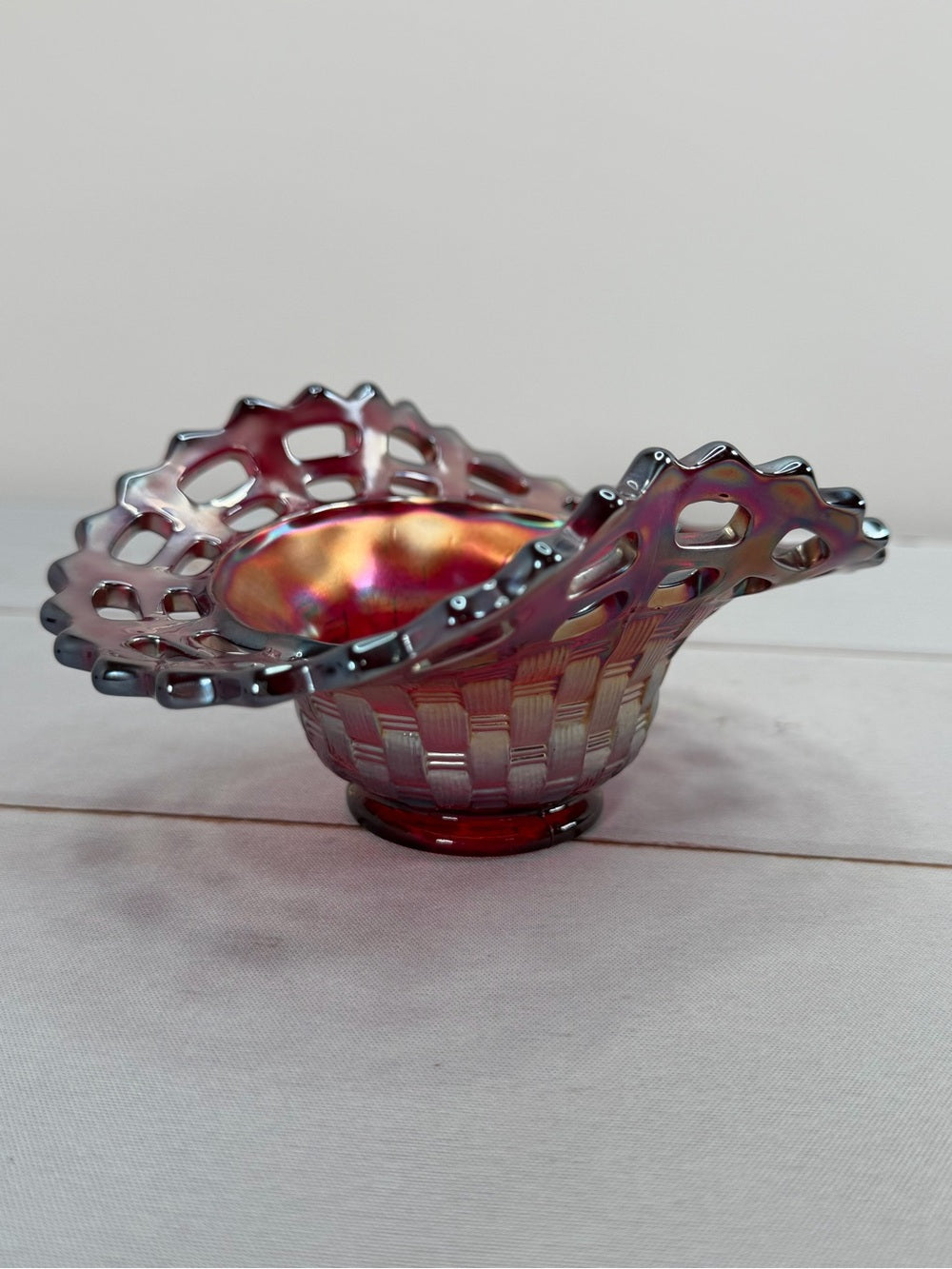 Fenton Ruby Red Iridescent Carnival Glass Openwork Lace Basketweave Ruffled Bowl