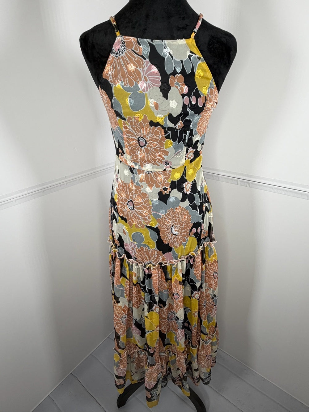 Lulus Black Floral Jacquard Tiered Midi Dress Size XS