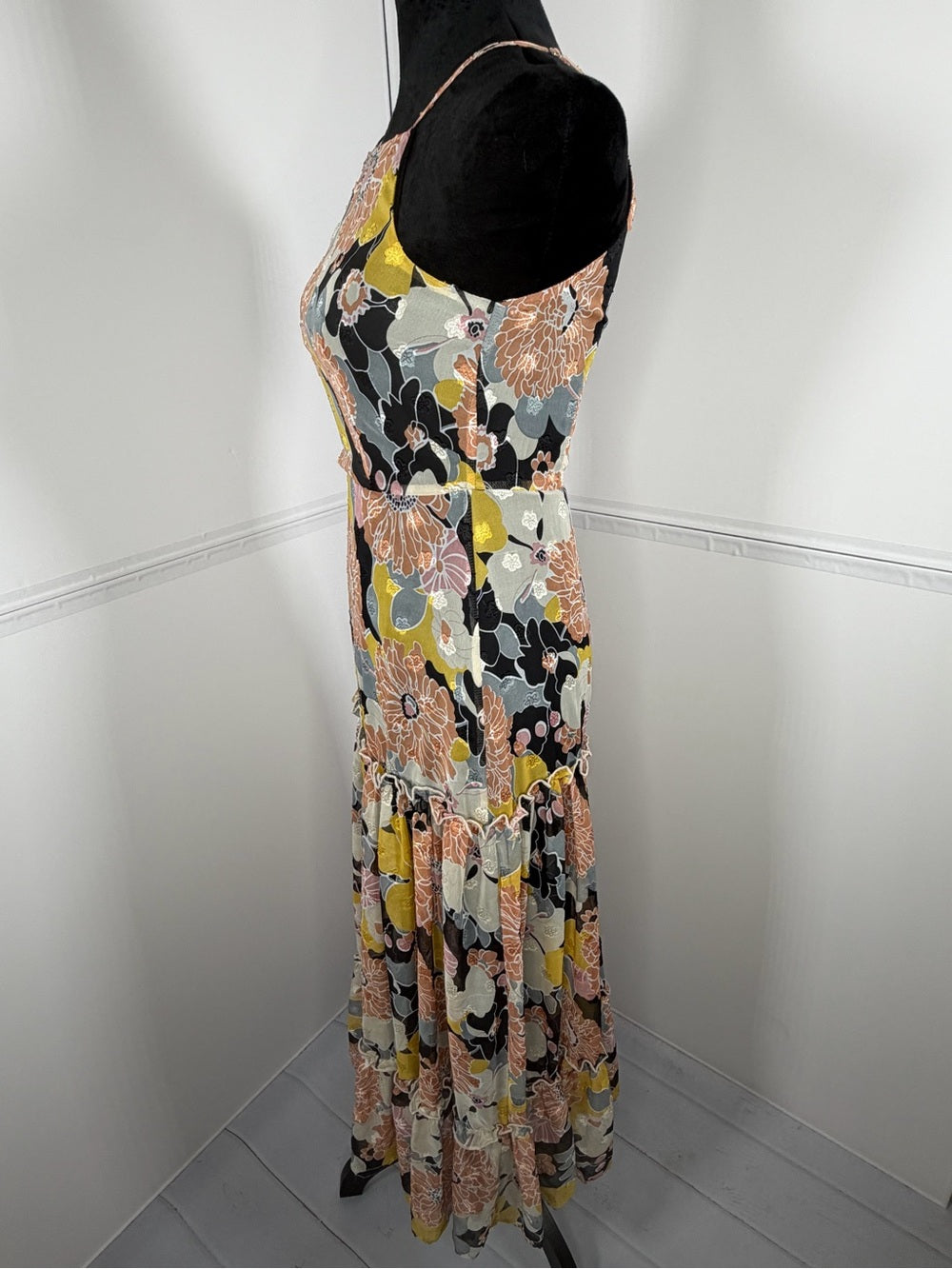 Lulus Black Floral Jacquard Tiered Midi Dress Size XS