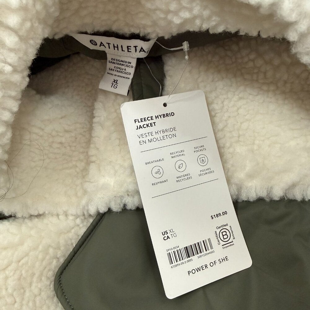 Athleta Fleece Hybrid Sherpa Quilted Jacket NWT Olive XL