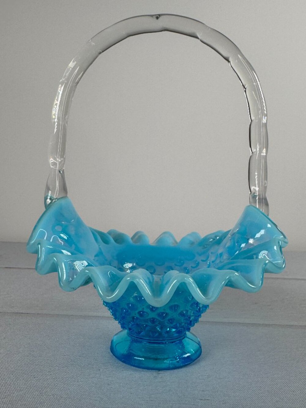 Vintage Fenton Blue Opalescent Hobnail Glass Basket Ruffled Clear Handle