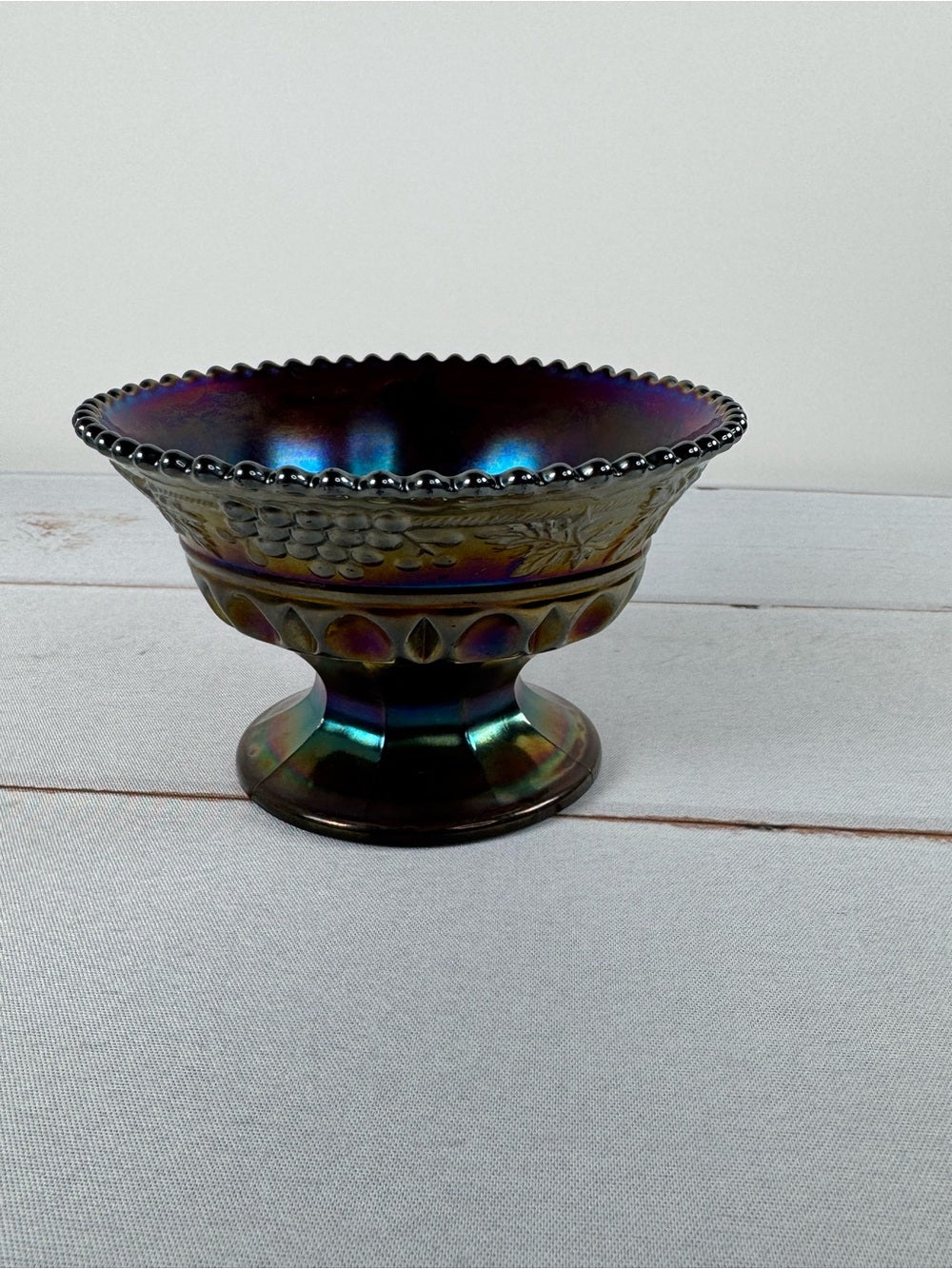 Antique Northwood Amethyst Carnival Glass Grape and Cable Pedestal Compote Bowl