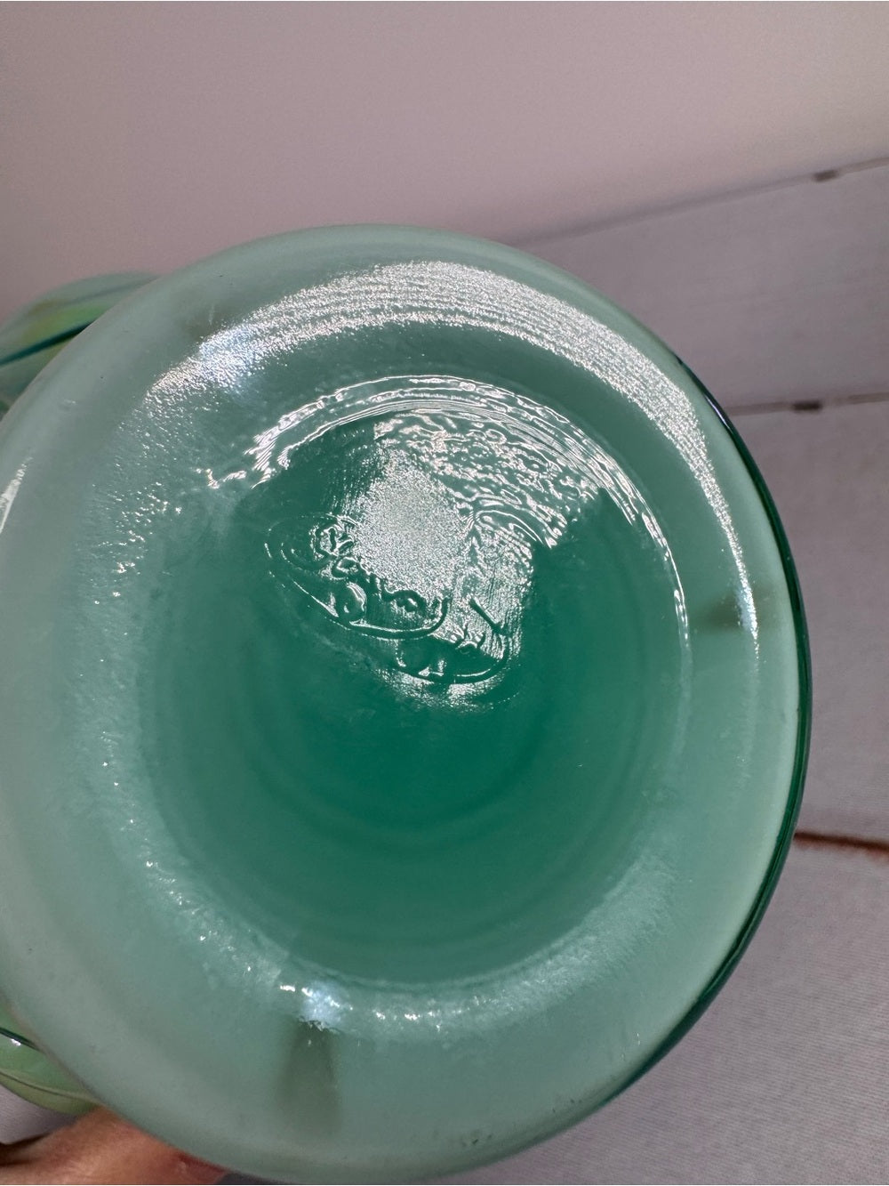 Vintage Fenton Green Opalescent Drapery Pattern Ewer Pitcher Handmade USA