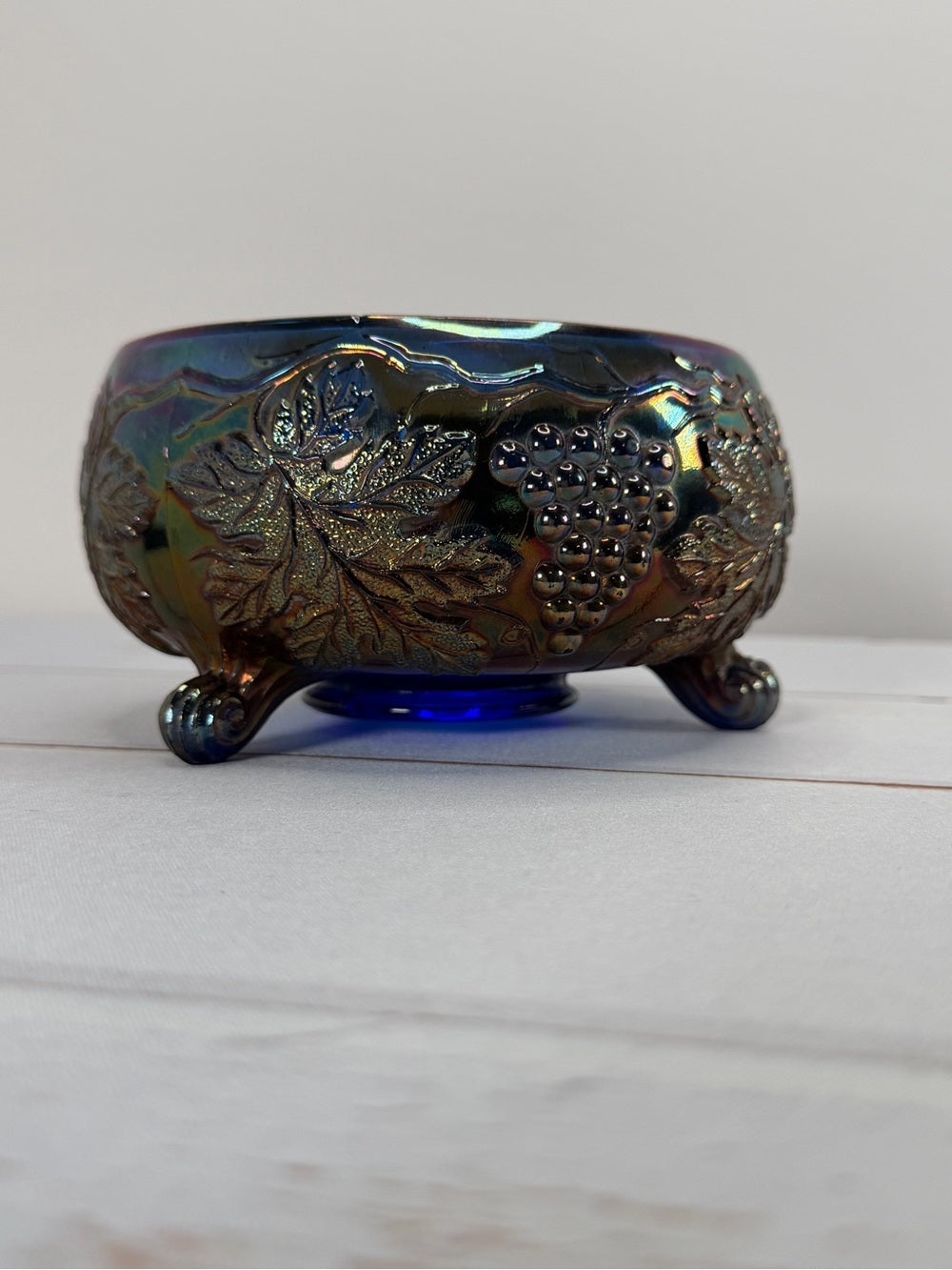 Vintage Fenton Iridescent Cobalt Blue Grape & Leaf Tri-Footed Ferner Dish