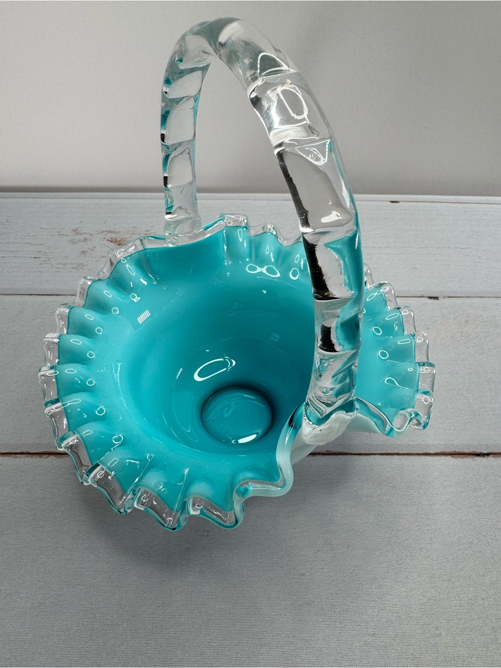 Vintage 1950s Fenton Silver Jamestown Blue Cased Milk Glass Ruffled Basket