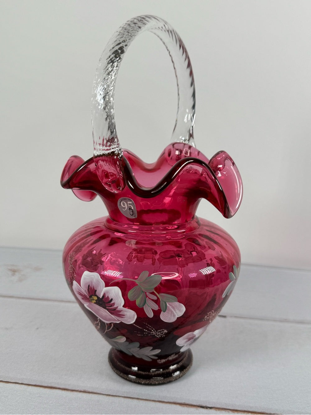 Fenton 95th Anniversary Cranberry Glass Basket Hand Painted B Williams Signed