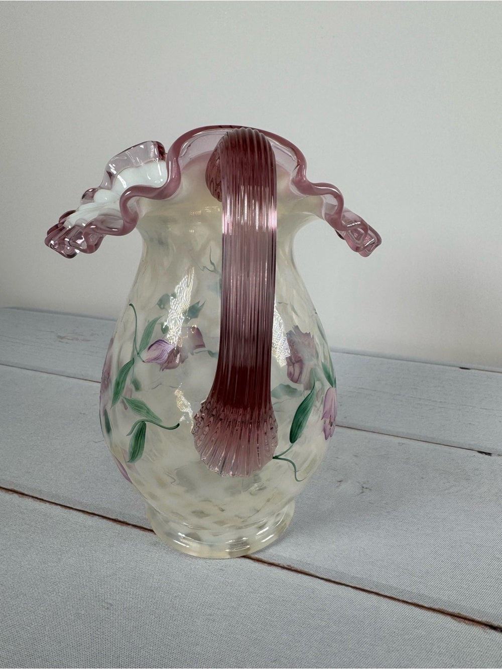 Vintage Fenton Style Opalescent Diamond Optic Hand Painted Pitcher Signed