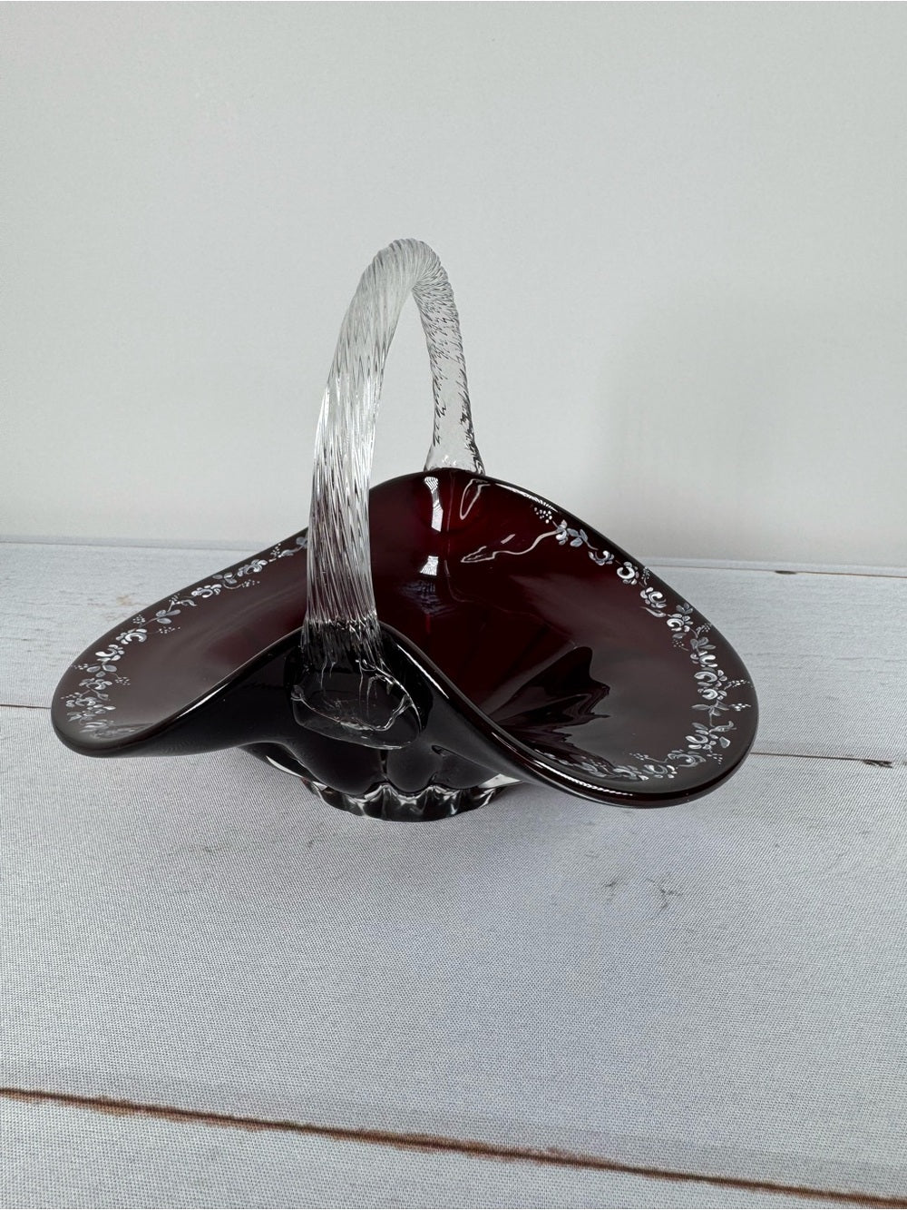 Fenton Cranberry Glass Basket Artist Signed Cynthia McAlpine 1995