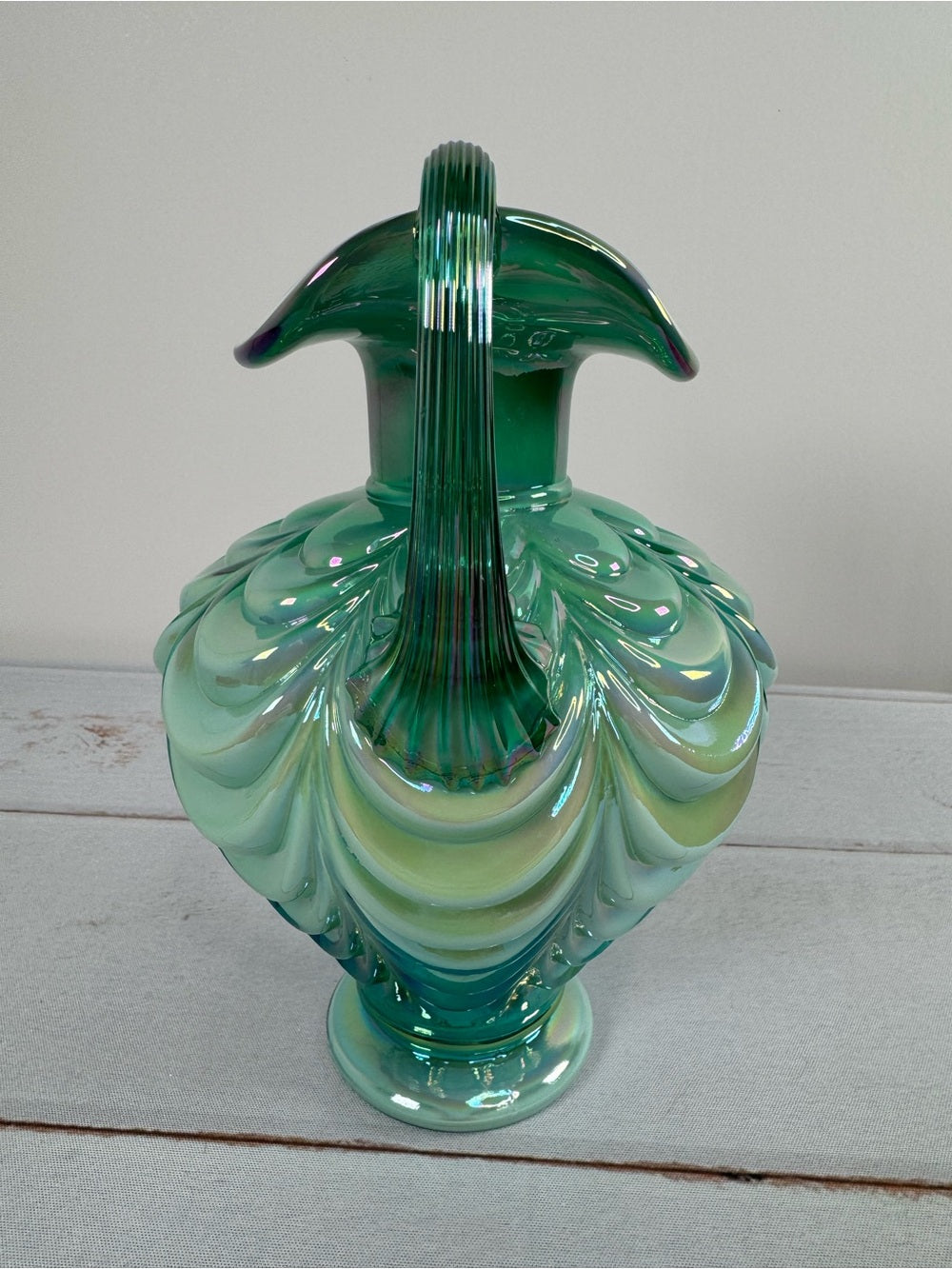 Vintage Fenton Green Opalescent Drapery Pattern Ewer Pitcher Handmade USA