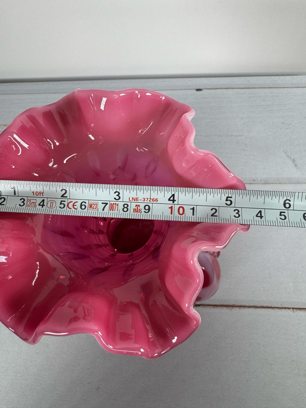 Vintage Fenton Cranberry Opalescent Coin Dot 8" Melon Vase Gift Shop Tag