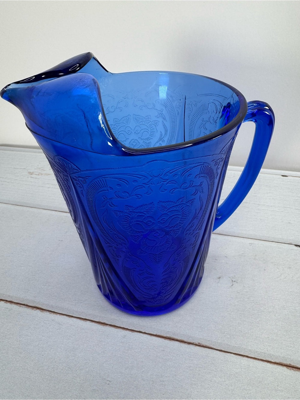 Rare Antique Hazel Atlas Cobalt Blue Royal Lace Water Pitcher 48oz Ice Lip