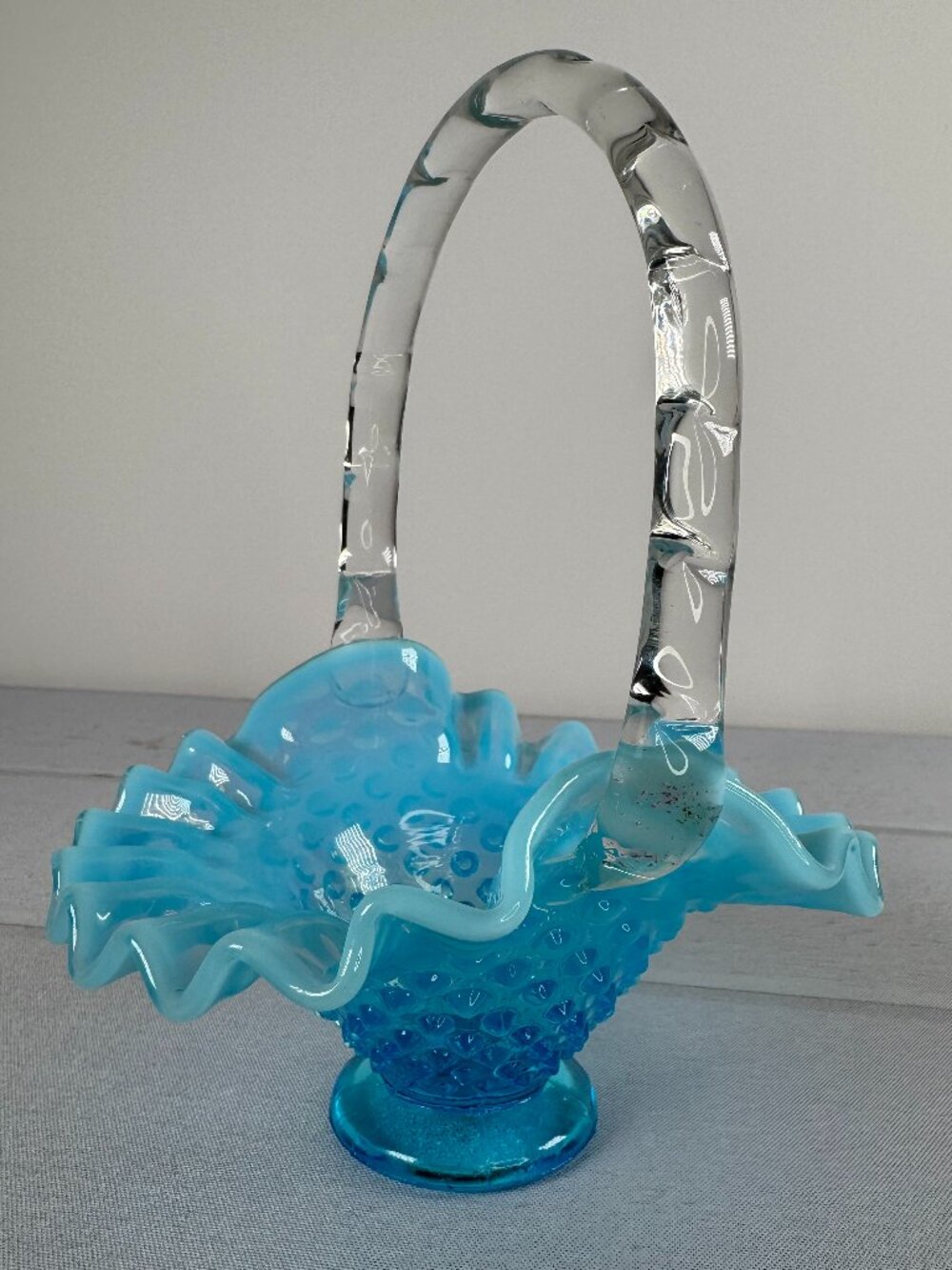 Vintage Fenton Blue Opalescent Hobnail Glass Basket Ruffled Clear Handle