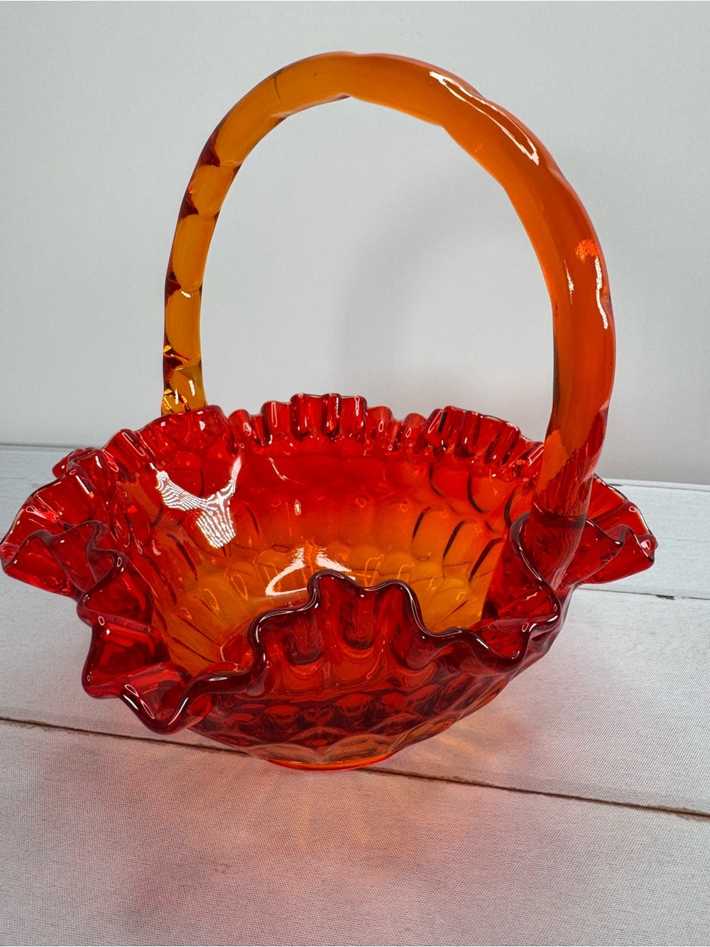 Vintage Fenton Amberina Thumbprint Ruffled Glass Basket