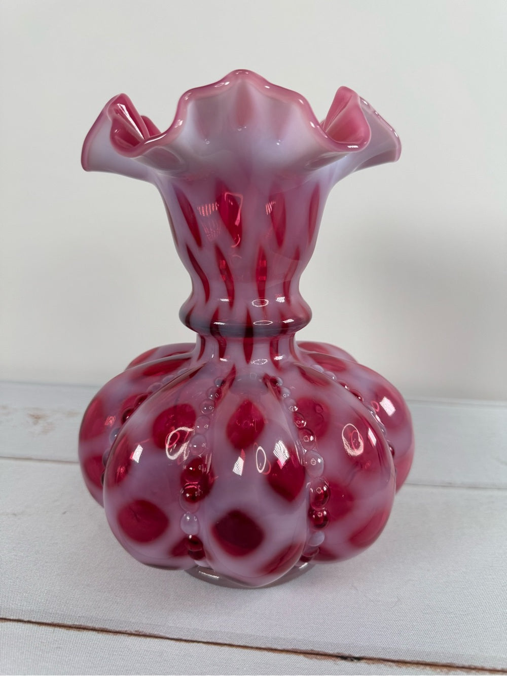 Vintage Fenton Cranberry Opalescent Coin Dot 8" Melon Vase Gift Shop Tag