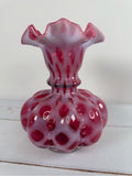 Vintage Fenton Cranberry Opalescent Coin Dot 8" Melon Vase Gift Shop Tag