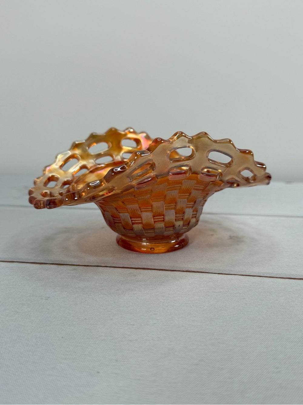 Vintage Fenton Marigold Carnival Glass Open Edge Basketweave Basket