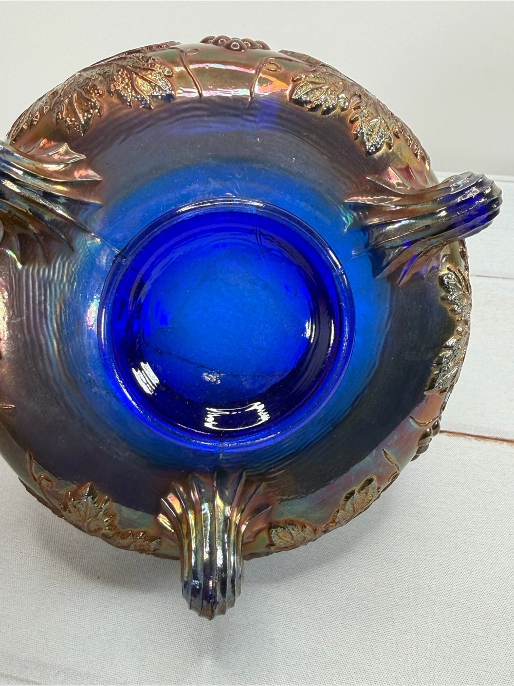 Vintage Fenton Iridescent Cobalt Blue Grape & Leaf Tri-Footed Ferner Dish