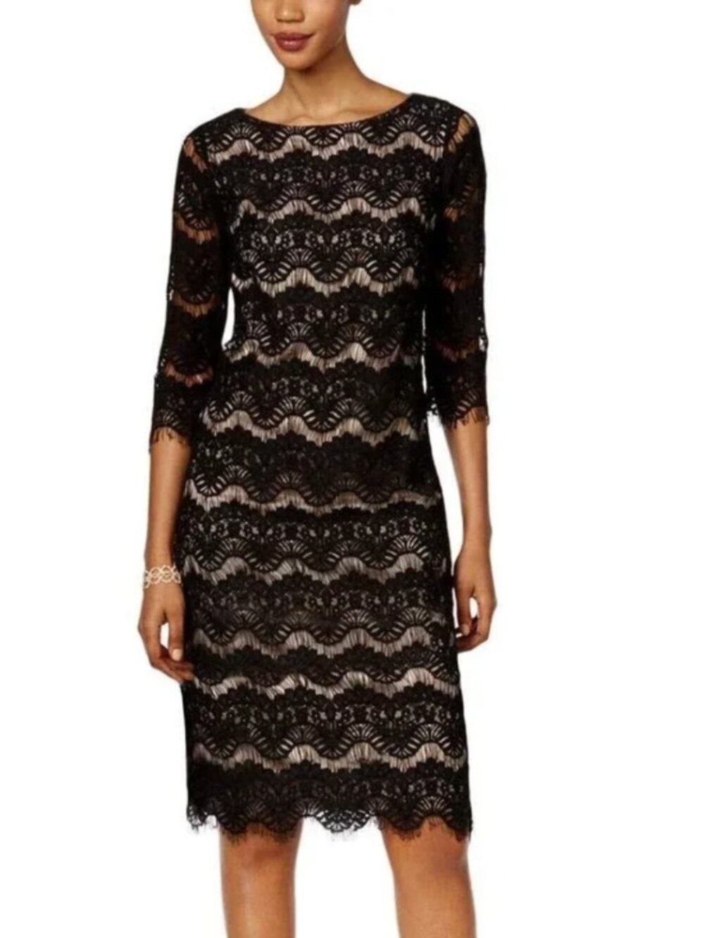 Jessica Howard Black Lace Sheath Dress Nude Lining 3/4 Sleeve Size 6