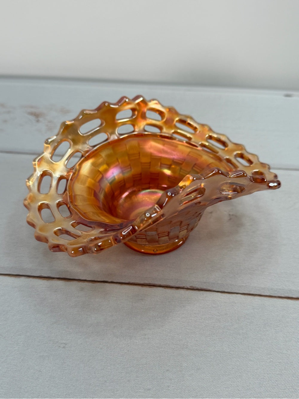 Vintage Fenton Marigold Carnival Glass Open Edge Basketweave Basket