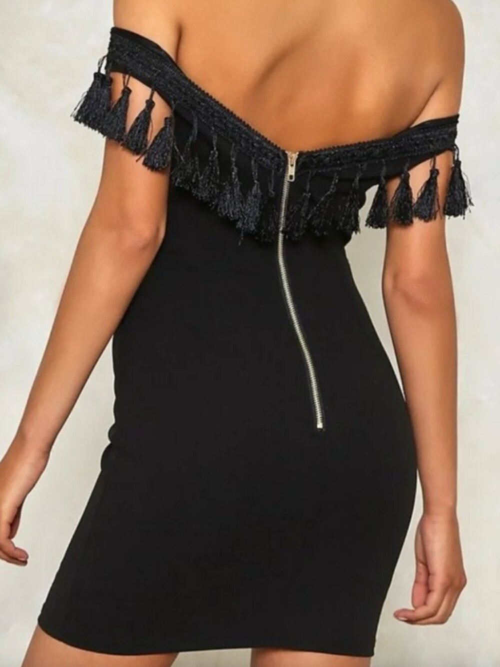 NWT Vera & Lucy Black Fringe Off Shoulder Bodycon Cocktail Dress Size Small