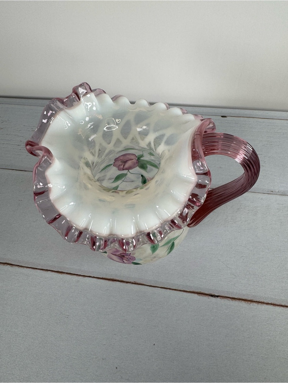 Vintage Fenton Style Opalescent Diamond Optic Hand Painted Pitcher Signed