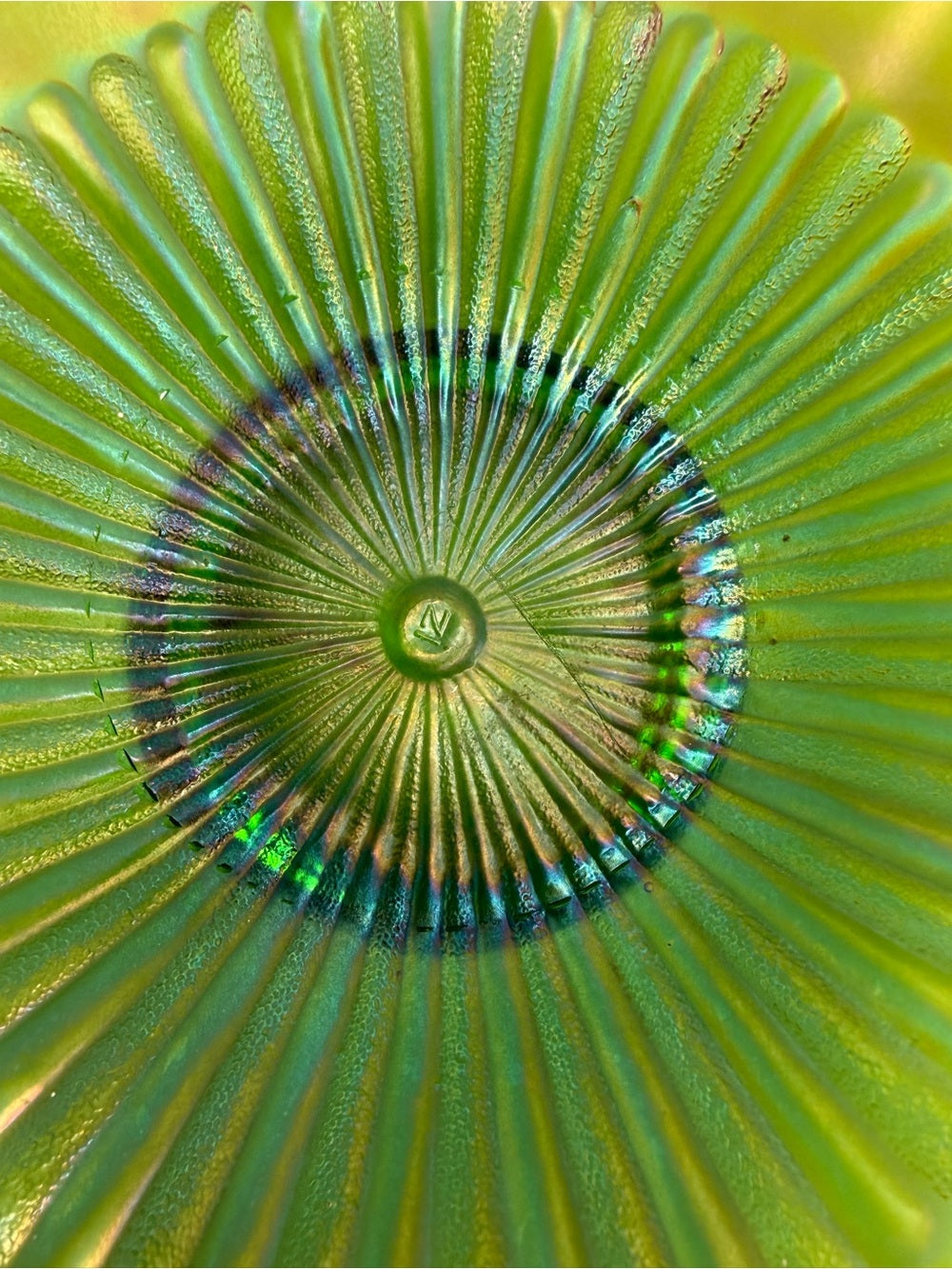 Antique Signed Northwood Green Stippled Rays Carnival Glass Ruffled Bowl Mark N
