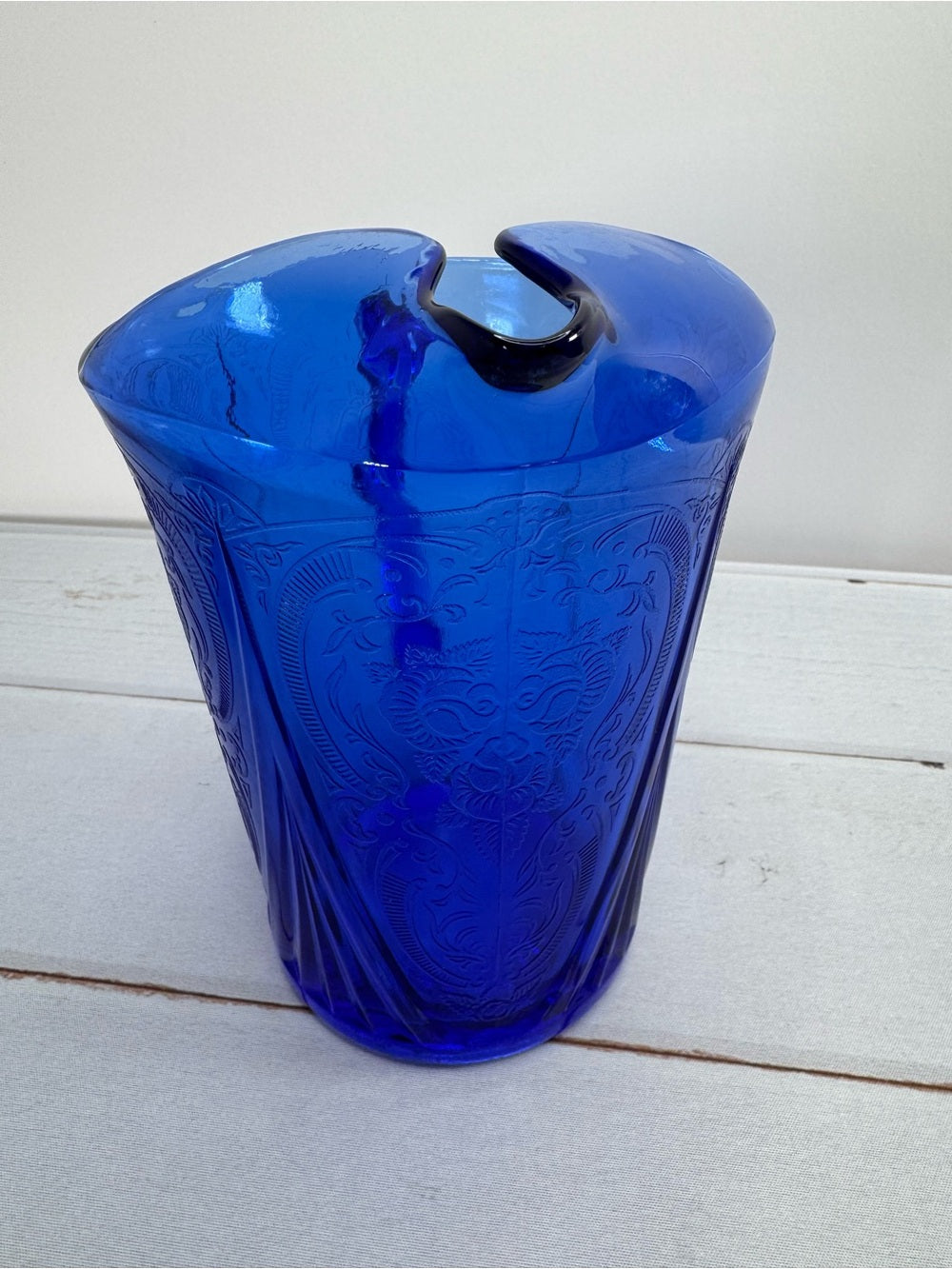 Rare Antique Hazel Atlas Cobalt Blue Royal Lace Water Pitcher 48oz Ice Lip
