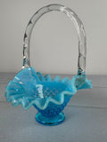 Vintage Fenton Blue Opalescent Hobnail Glass Basket Ruffled Clear Handle