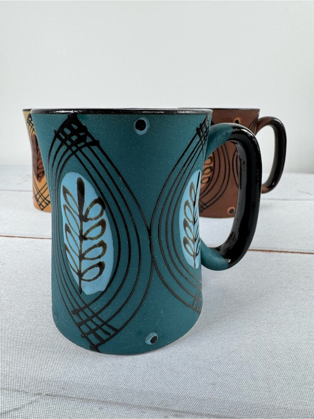 Vintage 70s MCM Boho Blue Tan Brown Stoneware Coffee Mugs Set of 3