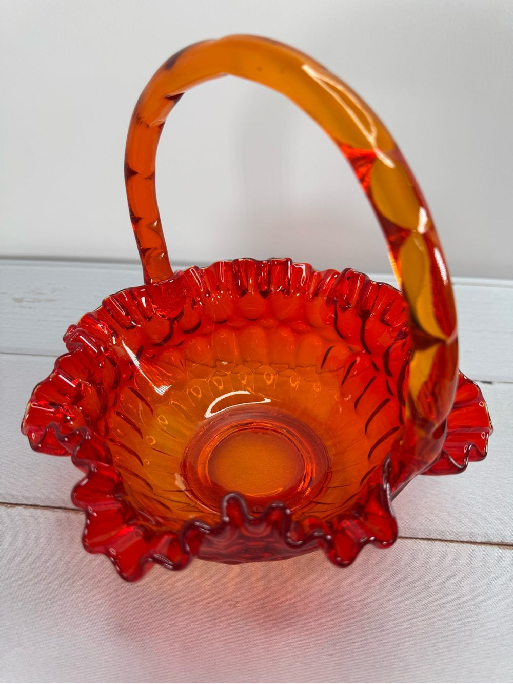Vintage Fenton Amberina Thumbprint Ruffled Glass Basket
