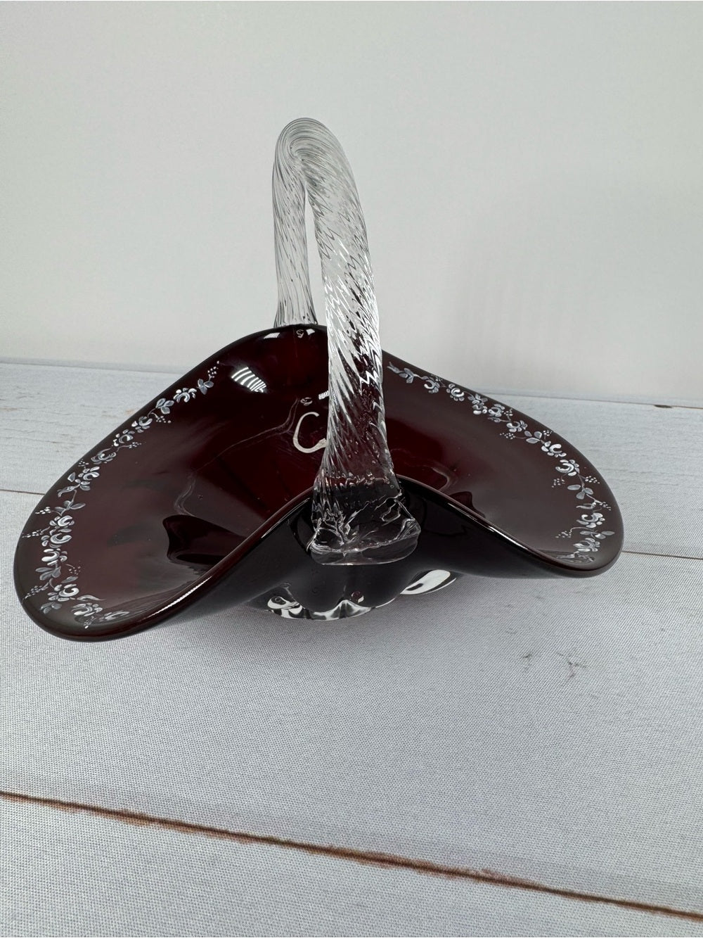 Fenton Cranberry Glass Basket Artist Signed Cynthia McAlpine 1995