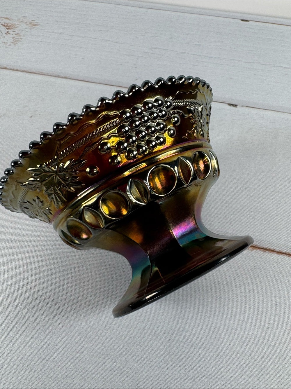 Antique Northwood Amethyst Carnival Glass Grape and Cable Pedestal Compote Bowl