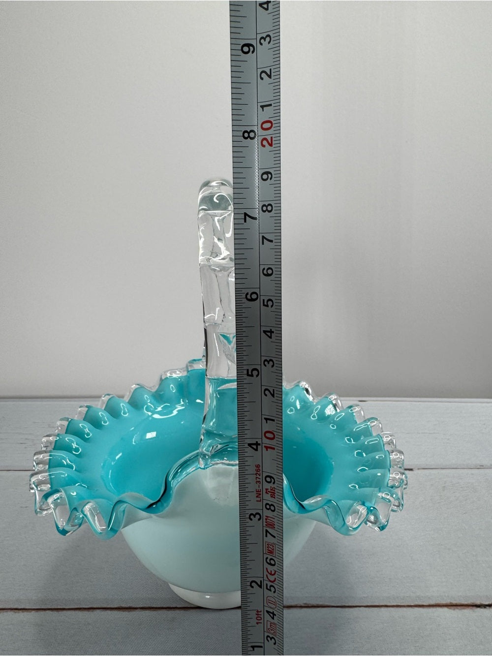 Vintage 1950s Fenton Silver Jamestown Blue Cased Milk Glass Ruffled Basket