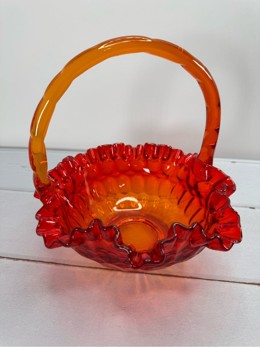 Vintage Fenton Amberina Thumbprint Ruffled Glass Basket