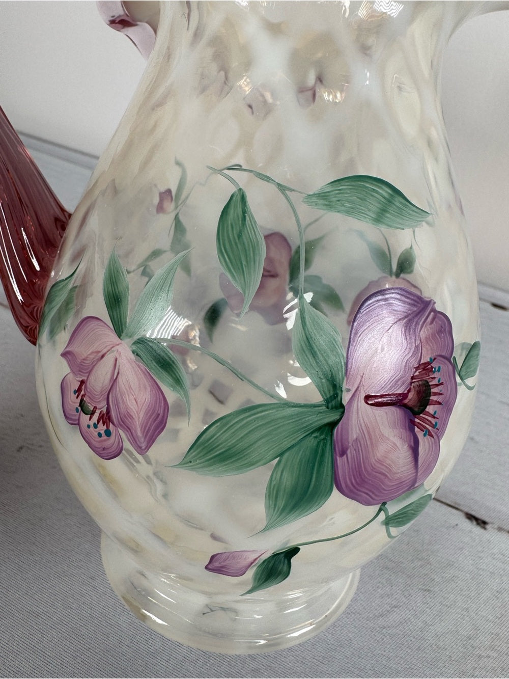 Vintage Fenton Style Opalescent Diamond Optic Hand Painted Pitcher Signed